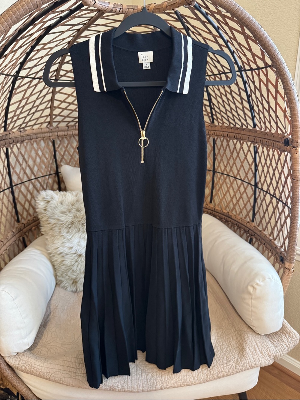 A New Day black mini tennis dress with white collar trim, size M